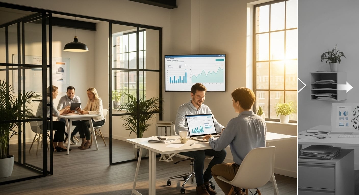 Team collaboration at office desk - Professional team working together